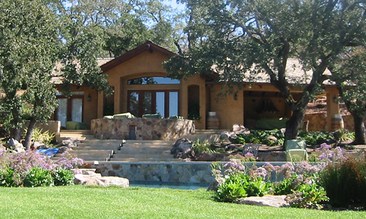 Wine country Pool and Guest House that offers outdoor dining and entertaining, patios shaded by 80 year old oaks, pool and spa and sleeping area for guests.