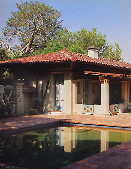 Mediterranean style Pool House, patio and pool. The Pool House doubles as a guest house and family play area.