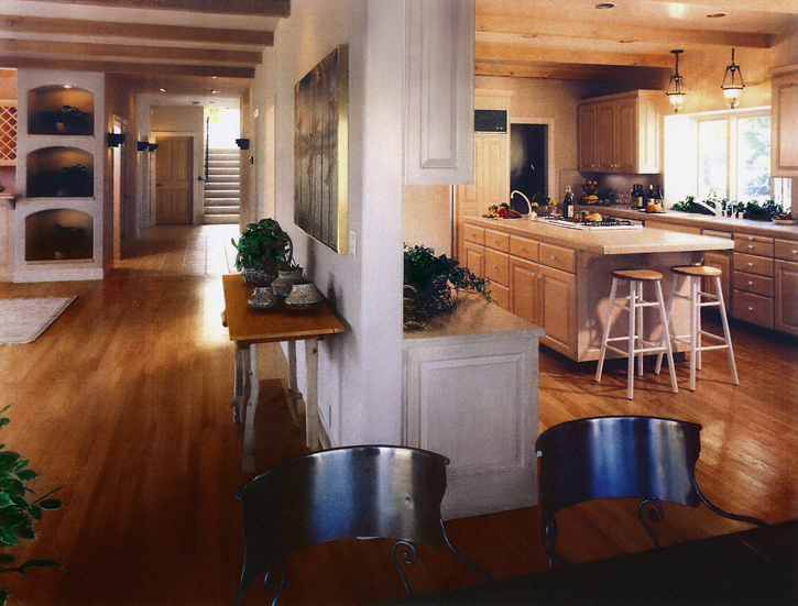 This home renovation in Mill Valley has an entry hallway that is separated from the kitchen by a wall and art piece. Stained walnut floors, stucco walls with rounded corners, wood beamed ceilings and light stained oak cabinets create a soothing interior space.